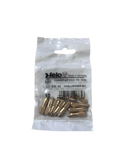 Set 10 biti Felo, seria Diamantati profil Pozidrive, C6.3, PZ3, 25mm