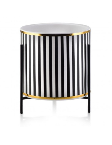 Ghiveci ceramic pentru flori Luxury cu suport metalic, Ø 12,5, Inaltime 12 cm, Alb cu Negru, Model cu Dungi Verticale