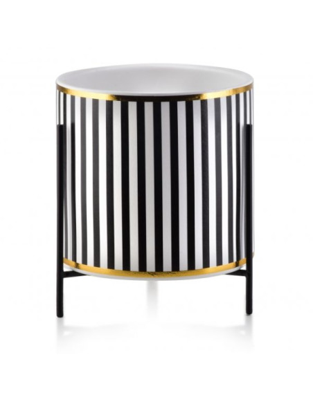 Ghiveci ceramic pentru flori Luxury cu suport metalic, Ø 12,5, Inaltime 12 cm, Alb cu Negru, Model cu Dungi Verticale