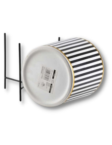 Ghiveci ceramic pentru flori Luxury cu suport metalic, Ø 12,5, Inaltime 12 cm, Alb cu Negru, Model cu Dungi Verticale