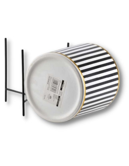 Ghiveci ceramic pentru flori Luxury cu suport metalic, Ø 12,5, Inaltime 12 cm, Alb cu Negru, Model cu Dungi Verticale