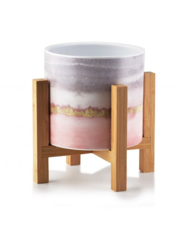 Ghiveci ceramic pentru flori Luxury cu suport din lemn, Ø 12,5, Inaltime 16.5 cm, Gri