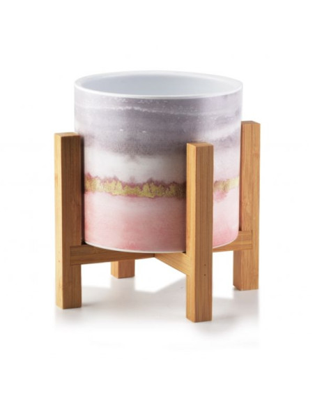 Ghiveci ceramic pentru flori Luxury cu suport din lemn, Ø 12,5, Inaltime 16.5 cm, Gri