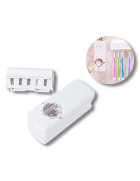 Dozator Pasta de Dinti si cu Suport pentru 5 Periute, Auto-Adeziv, Fixare pe Perete, Alb