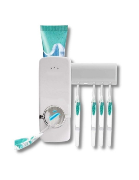 Dozator Pasta de Dinti si cu Suport pentru 5 Periute, Auto-Adeziv, Fixare pe Perete, Alb