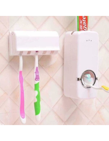 Dozator Pasta de Dinti si cu Suport pentru 5 Periute, Auto-Adeziv, Fixare pe Perete, Alb