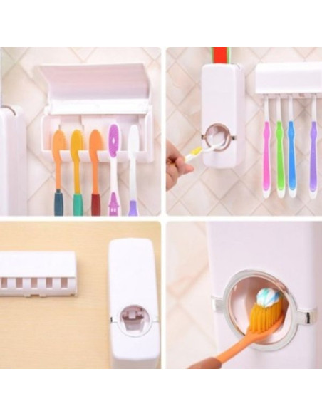 Dozator Pasta de Dinti si cu Suport pentru 5 Periute, Auto-Adeziv, Fixare pe Perete, Alb