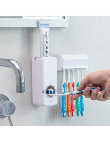 Dozator Pasta de Dinti si cu Suport pentru 5 Periute, Auto-Adeziv, Fixare pe Perete, Alb