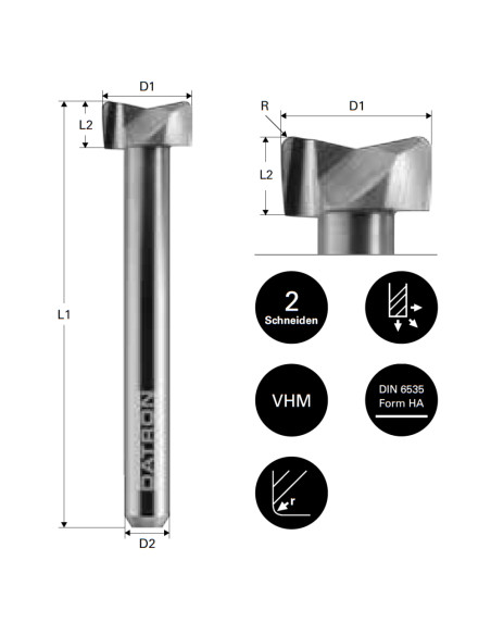 Freza etajata frontala, Plexiglas, Datron 0078444, R 1.0, 14.0x6.0x8.0mm
