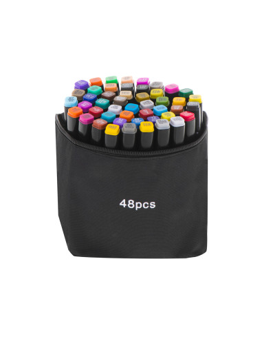 Set 48 Markere cu 2 Capete si Geanta de Depozitare, Contin Alcool, 15 cm, Multicolor, 14 x 11 x 17.5 cm