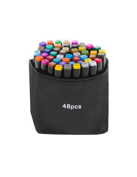 Set 48 Markere cu 2 Capete si Geanta de Depozitare, Contin Alcool, 15 cm, Multicolor, 14 x 11 x 17.5 cm