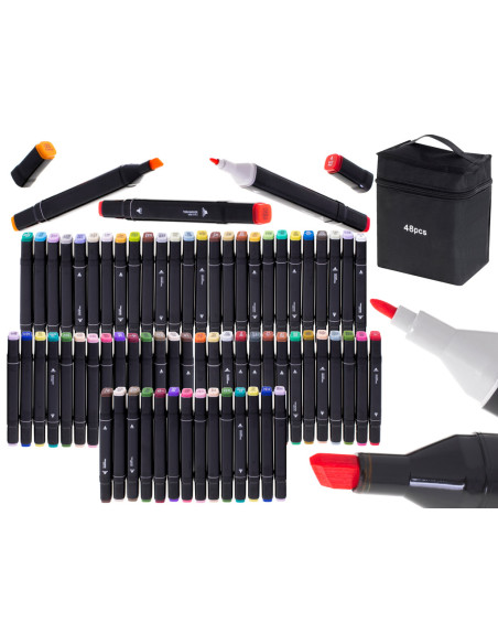 Set 48 Markere cu 2 Capete si Geanta de Depozitare, Contin Alcool, 15 cm, Multicolor, 14 x 11 x 17.5 cm