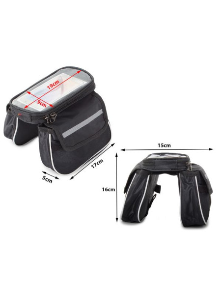 Geanta Depozitare cu 3 Compartimente si 2 Buzunare, Rezistenta la Apa, Montare pe Cadrul Bicicletei, Velcro, Negru