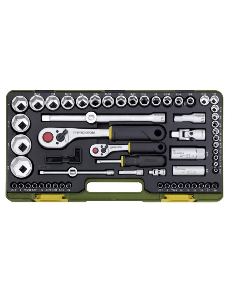 Trusa completa, versiune in Inch, cu chei tubulare de 1/4" si 1/2", Proxxon 23294, 65 piese