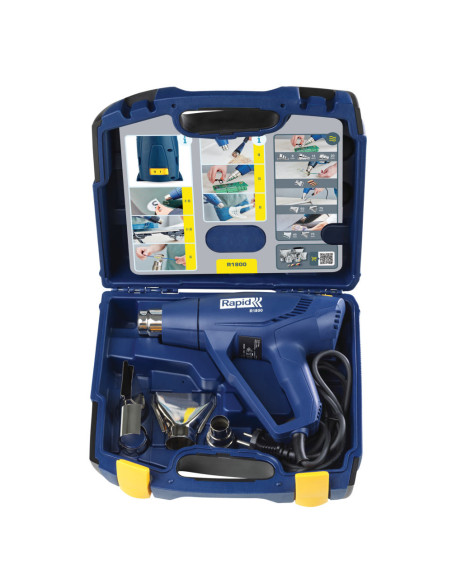 Rapid 5001350, Set pistol cu aer cald R1800, temperatura 300-550 grade, 1600W, debit reglabil in 2 trepte 250-450l/min, + geanta