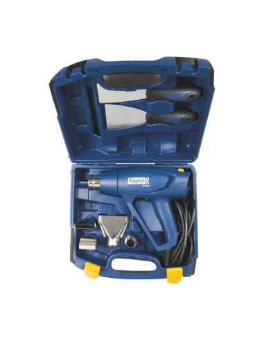Rapid 5001350, Set pistol cu aer cald R1800, temperatura 300-550 grade, 1600W, debit reglabil in 2 trepte 250-450l/min, + geanta