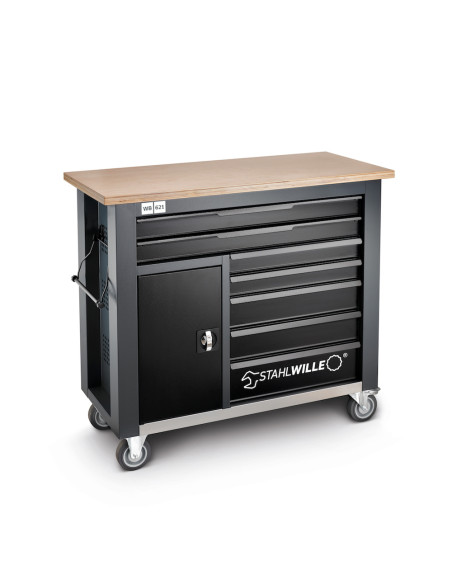 Stahlwille 85010621, Banc de lucru mobil WB 621, 7 sertare cu glisare completa, compartiment lateral, blat din lemn, inchidere c