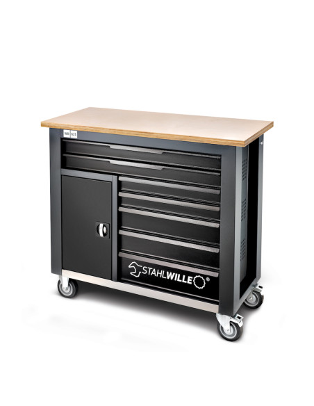 Stahlwille 85010621, Banc de lucru mobil WB 621, 7 sertare cu glisare completa, compartiment lateral, blat din lemn, inchidere c