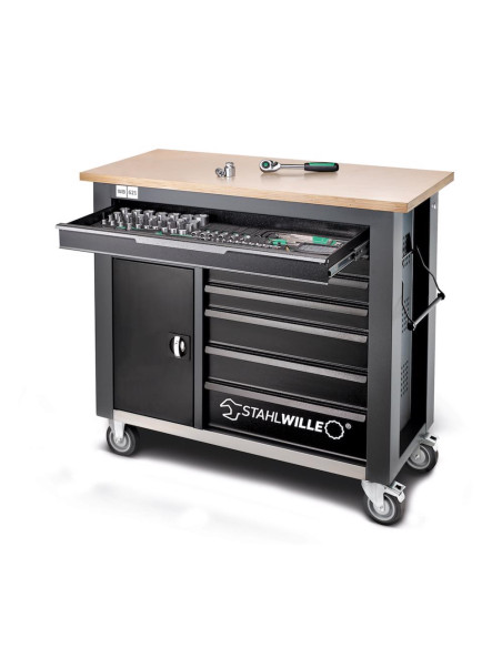 Stahlwille 85010621, Banc de lucru mobil WB 621, 7 sertare cu glisare completa, compartiment lateral, blat din lemn, inchidere c