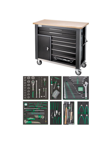 Stahlwille 98830194, Banc de lucru mobil WB 621/161QR, 7 sertare cu glisare completa, compartiment lateral, blat din lemn, inchi