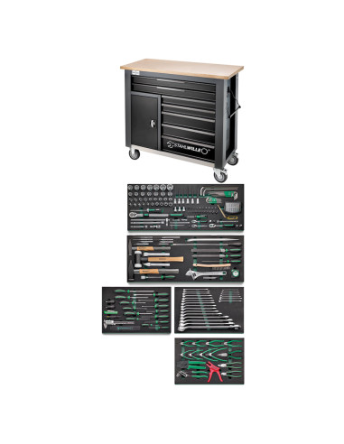 Stahlwille 98830204, Banc de lucru mobil WB 621/238QR, 7 sertare cu glisare completa, compartiment lateral, blat din lemn, inchi