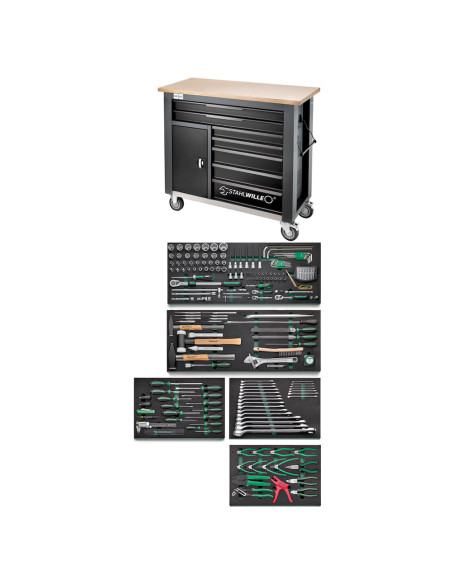 Stahlwille 98830204, Banc de lucru mobil WB 621/238QR, 7 sertare cu glisare completa, compartiment lateral, blat din lemn, inchi