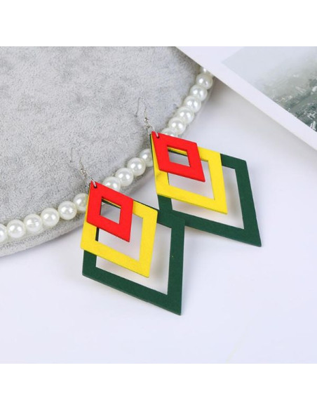 Cercei din Lemn cu Forma Geometrica, 3 Romburi, Galben, 11 x 6 cm