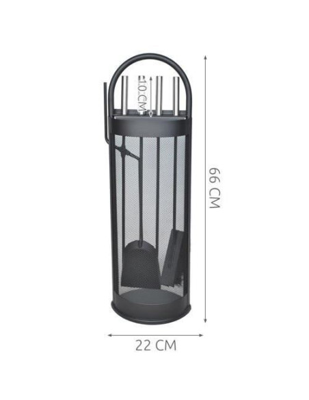 Set accesorii semineu, suport cu 4 piese, otel, negru, 22x66 cm