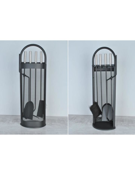 Set accesorii semineu, suport cu 4 piese, otel, negru, 22x66 cm