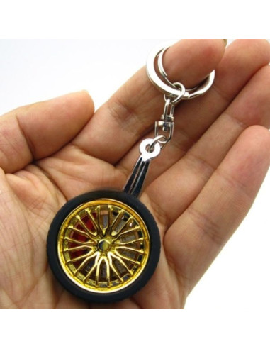 Breloc metalic anticoroziv, model roata auto tunning cu janta si disc de frana, 10 x 3.5 x 2 cm, Auriu