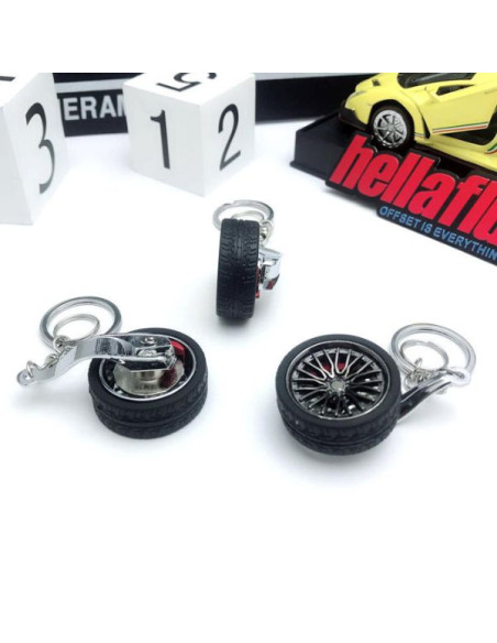 Breloc metalic anticoroziv, model roata auto tunning cu janta si disc de frana, 10 x 3.5 x 2 cm, Negru