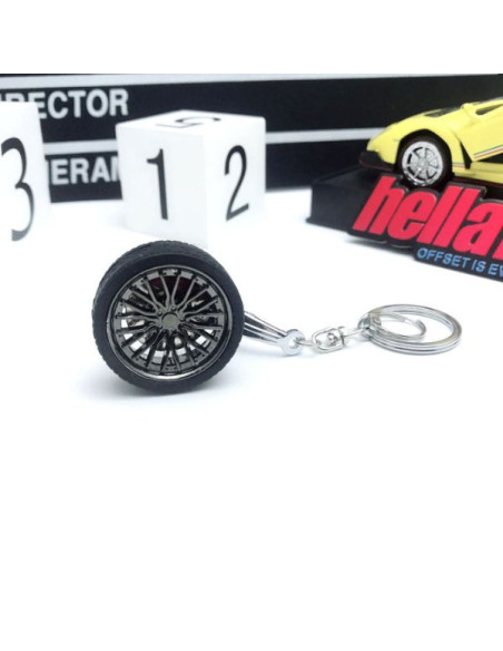 Breloc metalic anticoroziv, model roata auto tunning cu janta si disc de frana, 10 x 3.5 x 2 cm, Negru