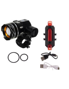 Set stop si far pentru bicicleta, 2xCREE LED XM-L T6, 3/7 moduri iluminare, aluminiu si plastic, incarcare USB, 7.5x8.5x9.5 cm, 