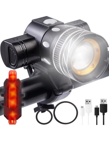 Set stop si far pentru bicicleta, 2xCREE LED XM-L T6, 3/7 moduri iluminare, aluminiu si plastic, incarcare USB, 7.5x8.5x9.5 cm, 