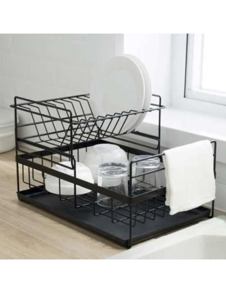 Uscator vase, scurgator, de bucatarie, 2 niveluri, metal si plastic, negru, 43x29x27 cm, Ruhhy