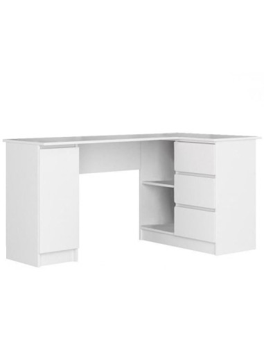 Birou calculator pe colt, placa laminata, 3 sertare, 4 rafturi, alb, 155x85x77 cm