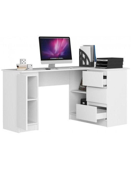 Birou calculator pe colt, placa laminata, 3 sertare, 4 rafturi, alb, 155x85x77 cm