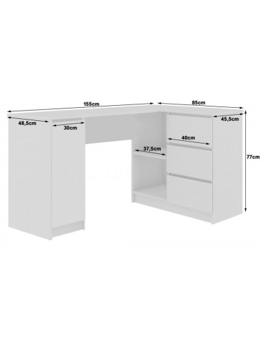 Birou calculator pe colt, placa laminata, 3 sertare, 4 rafturi, alb, 155x85x77 cm