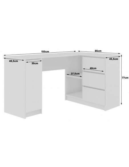 Birou calculator pe colt, placa laminata, 3 sertare, 4 rafturi, alb, 155x85x77 cm