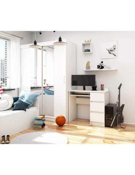 Birou calculator, placa laminata, 3 sertare, dreapta, 1 raft, alb, 90x50x77 cm