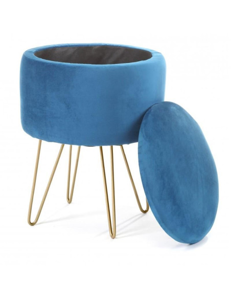 Taburet, rotund, cu spatiu depozitare, catifea, albastru, max 90 kg, 35x35x45 cm, Lili
