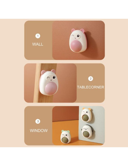 Jucarie interactiva Model Ursulet pentru pisicute cu minge rotativa 360° din iarba Catnip, 4.3 x 6 cm, Roz