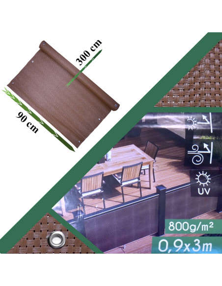 Paravan pentru balcon, terasa, gard, UV, 800 g/m2, maro, 3x0.9 m