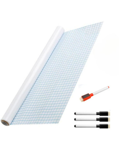 Set Rola de hartie autoadeziva si reutilizabila pentru scris si desenat si 4 markere cu magnet si burete, 200 x 45 cm