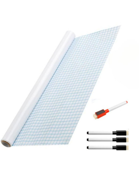 Set Rola de hartie autoadeziva si reutilizabila pentru scris si desenat si 4 markere cu magnet si burete, 200 x 45 cm