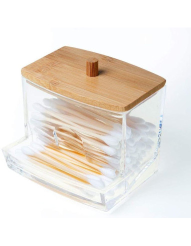 Cutie pentru Depozitare Betioase de Ureche, din Plastic si cu Capac din Lemn de Bambus, 9 x 7.5 cm