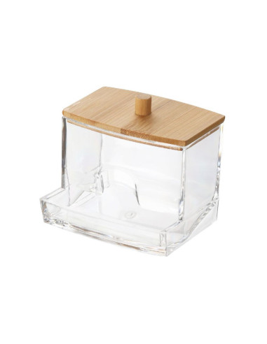 Cutie pentru Depozitare Betioase de Ureche, din Plastic si cu Capac din Lemn de Bambus, 9 x 7.5 cm