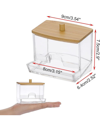 Cutie pentru Depozitare Betioase de Ureche, din Plastic si cu Capac din Lemn de Bambus, 9 x 7.5 cm