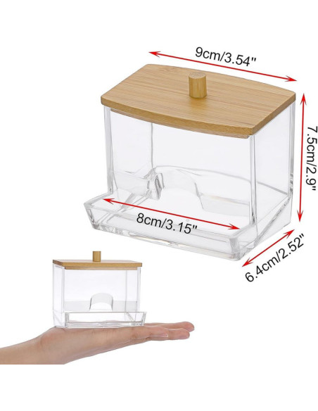 Cutie pentru Depozitare Betioase de Ureche, din Plastic si cu Capac din Lemn de Bambus, 9 x 7.5 cm