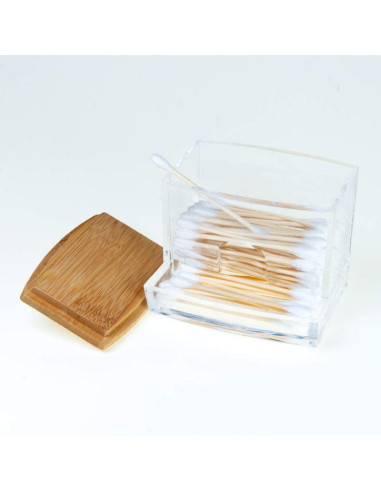 Cutie pentru Depozitare Betioase de Ureche, din Plastic si cu Capac din Lemn de Bambus, 9 x 7.5 cm